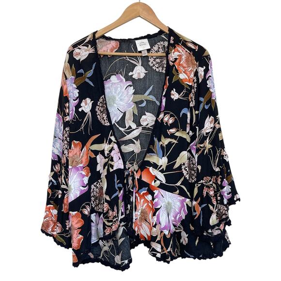 Knox Rose Tops - Knox Rose Large Black Floral Bell Sleeve Lace Trim Open Tie Front Cardigan Large